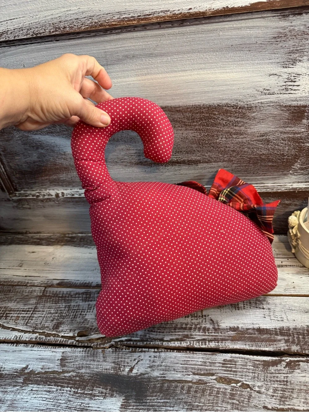 Red Polka Dot Cat Accent Pillow with Plaid Bow -VINTAGE
